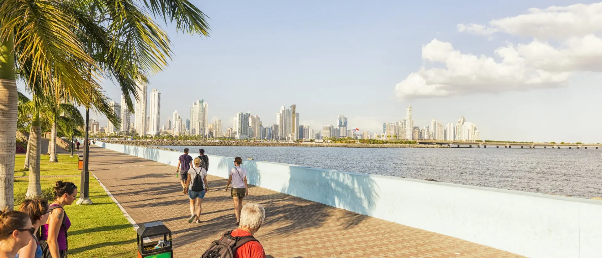 People walking along a waterfront promenade with a skyline and palm trees in the background under a clear sky.