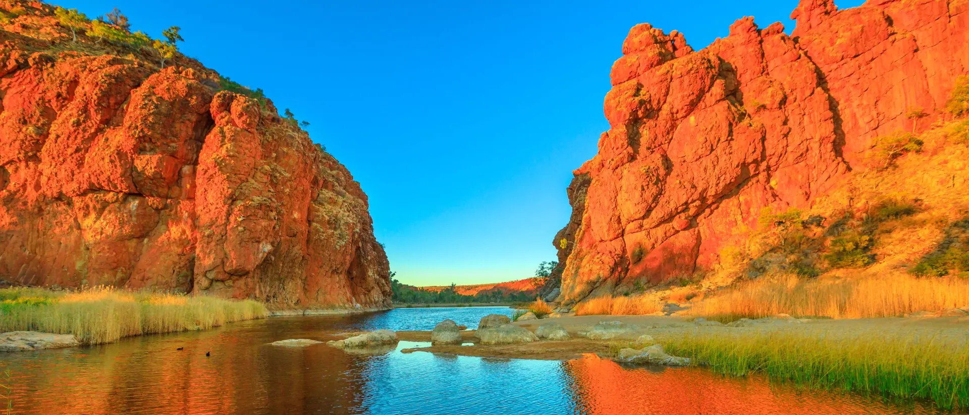 Scenic Glen Helen Gorge in West MacDonnell Ranges changes colours with sunrise light and reflects on waterhole in dry season at sunrise light.