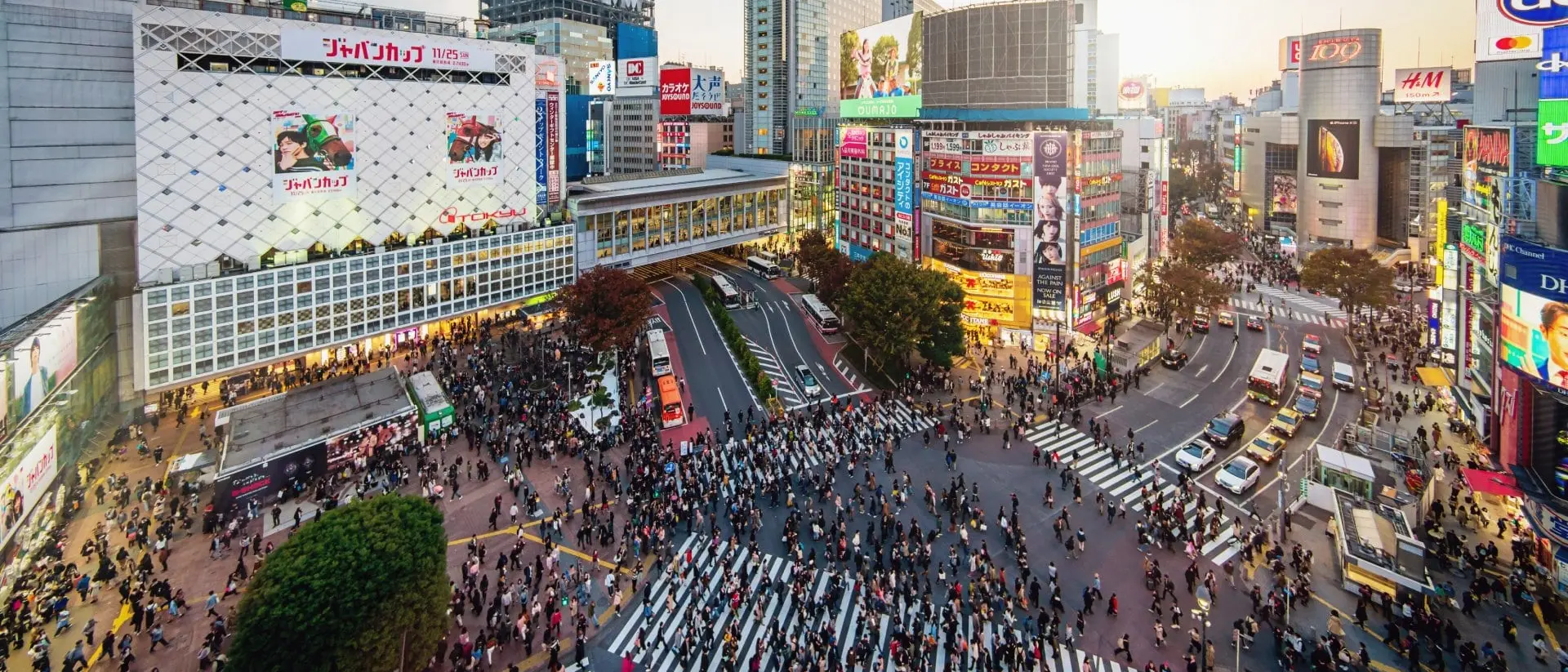 Shibuya Crossing Shibuya Crossing in Downtown Tokyo from above, one of the busiest pedestrian crossings in the world