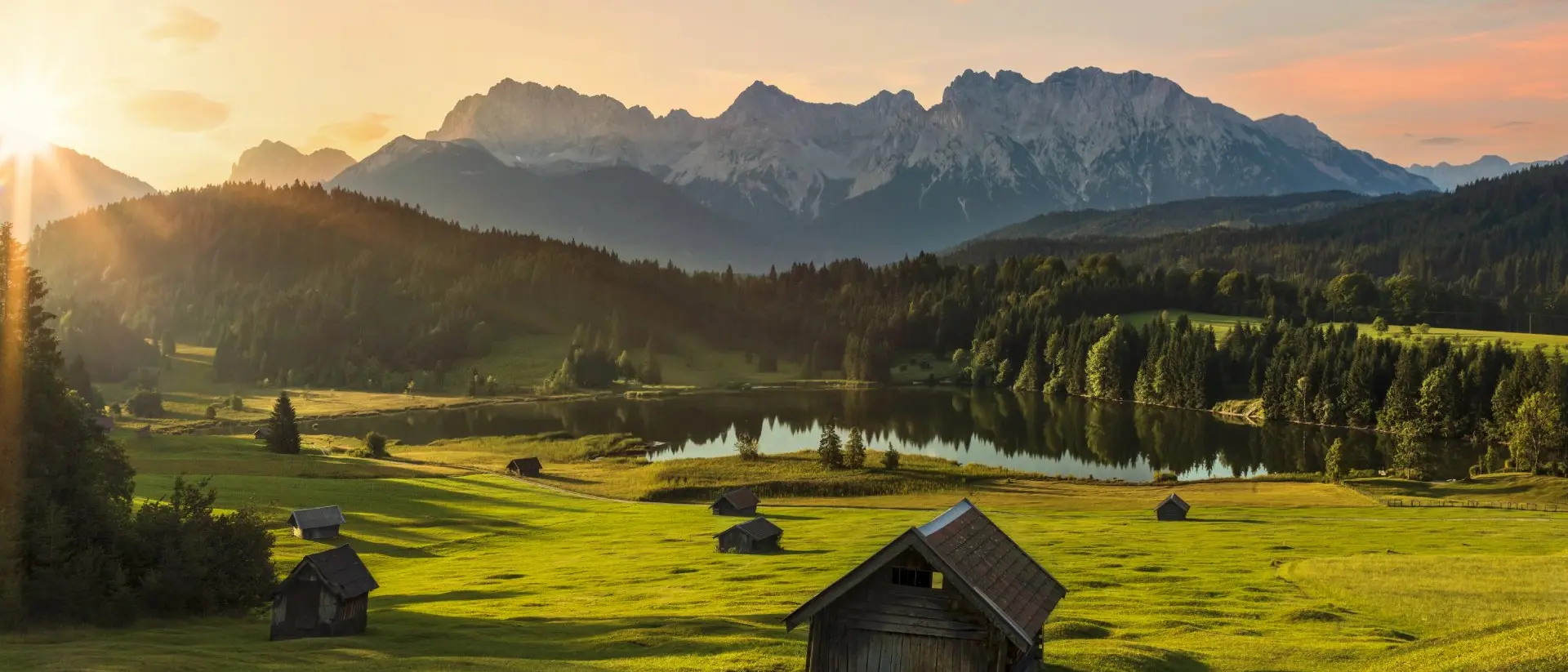Sunrise at Alpine Lake Geroldsee - view to mount Karwendel, Garmisch Partenkirchen, Alps