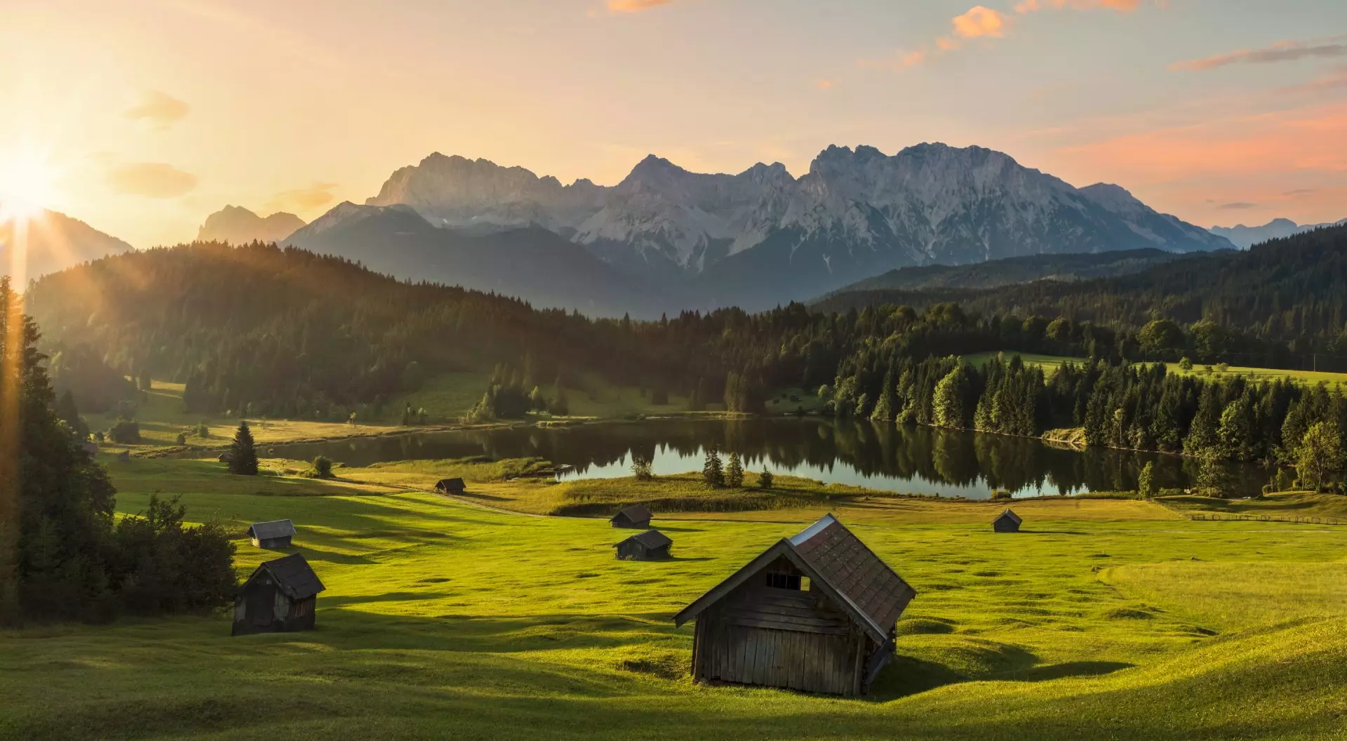 Sunrise at Alpine Lake Geroldsee - view to mount Karwendel, Garmisch Partenkirchen, Alps