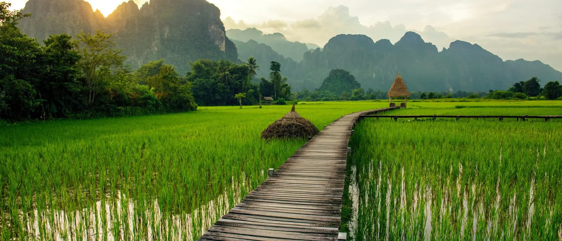 Sunset over green rice fields and mountains in Vang Vieng, Laos