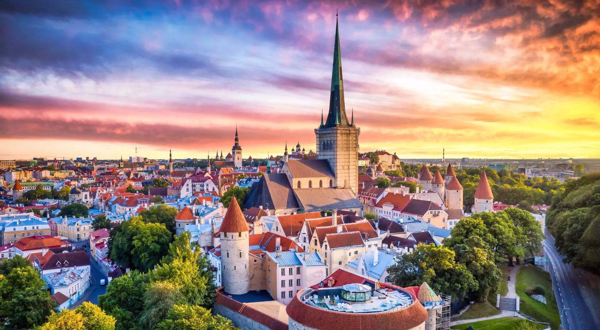 Tallinn Old Town aerial view from fat Margaret tower at sunset