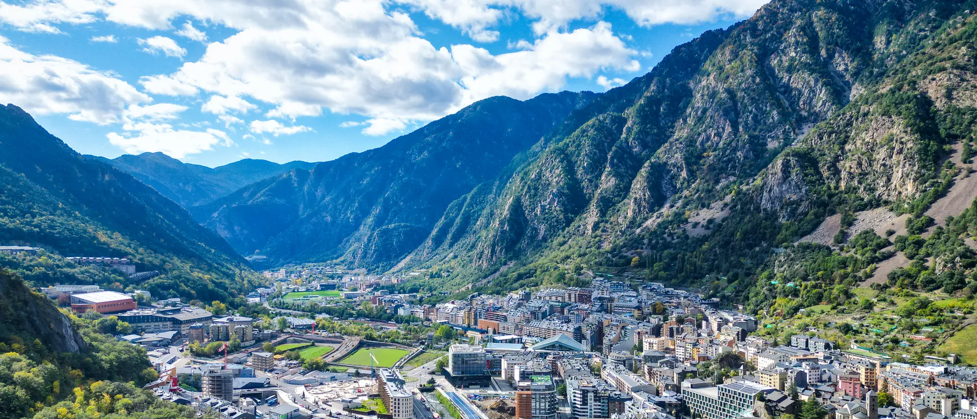 Andorra la Vella Expansive aerial view revealing the dense urban landscape nestled among the mountains of Andorra