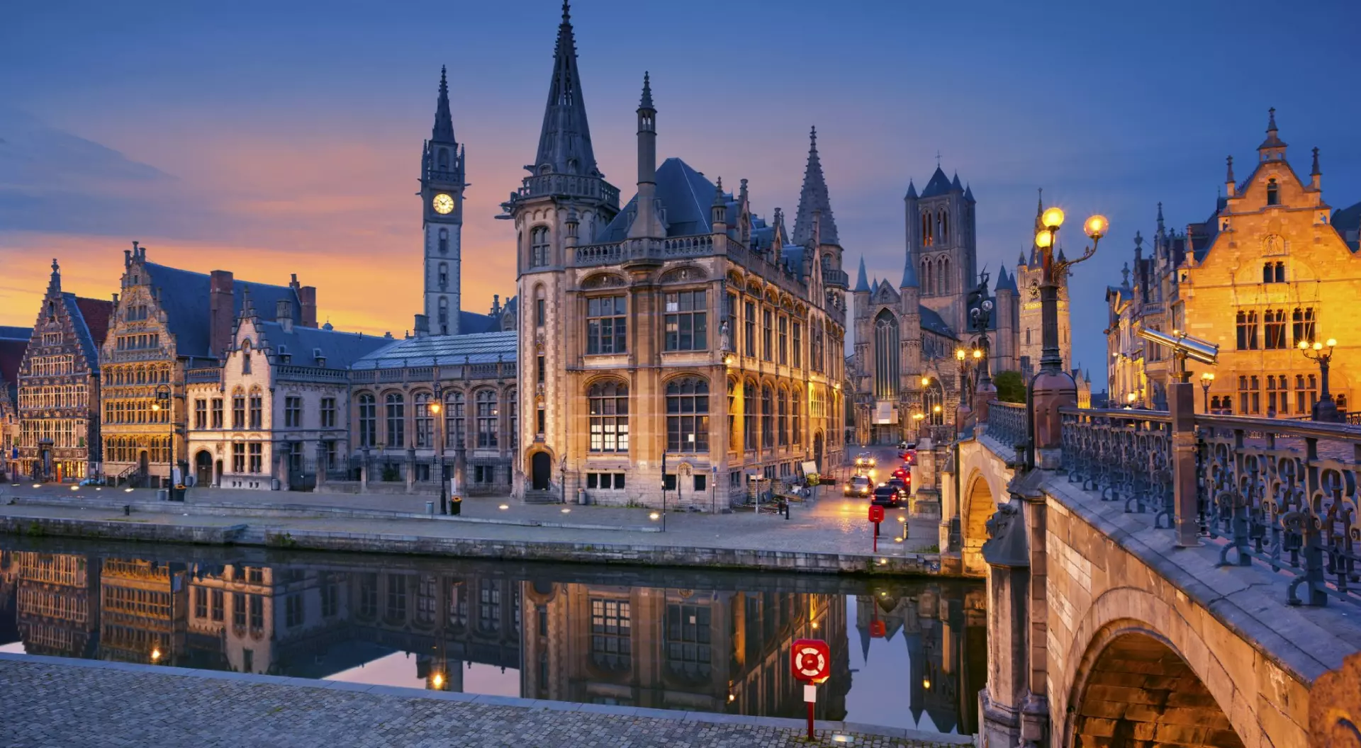 Ghent during twilight blue hour.