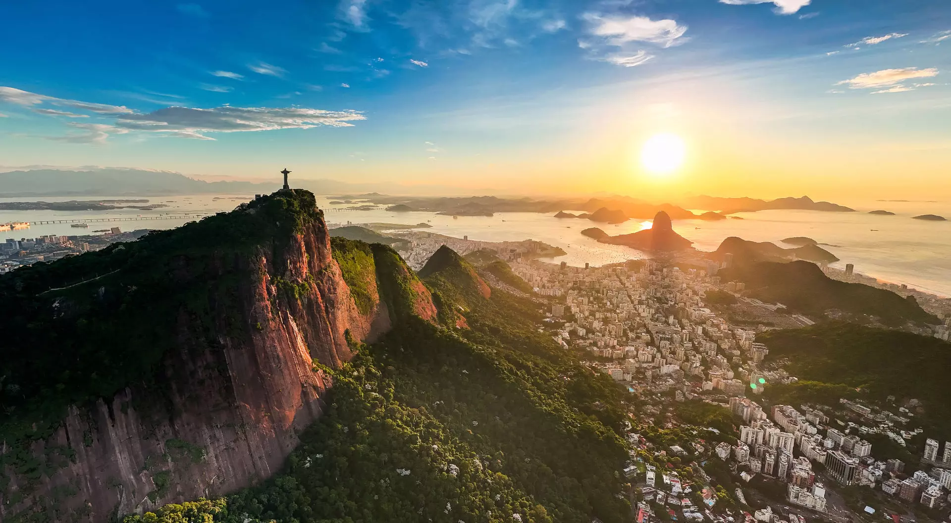 Aerial view of Rio de Janeiro in Brazil as well as Sugarloaf Mountain.