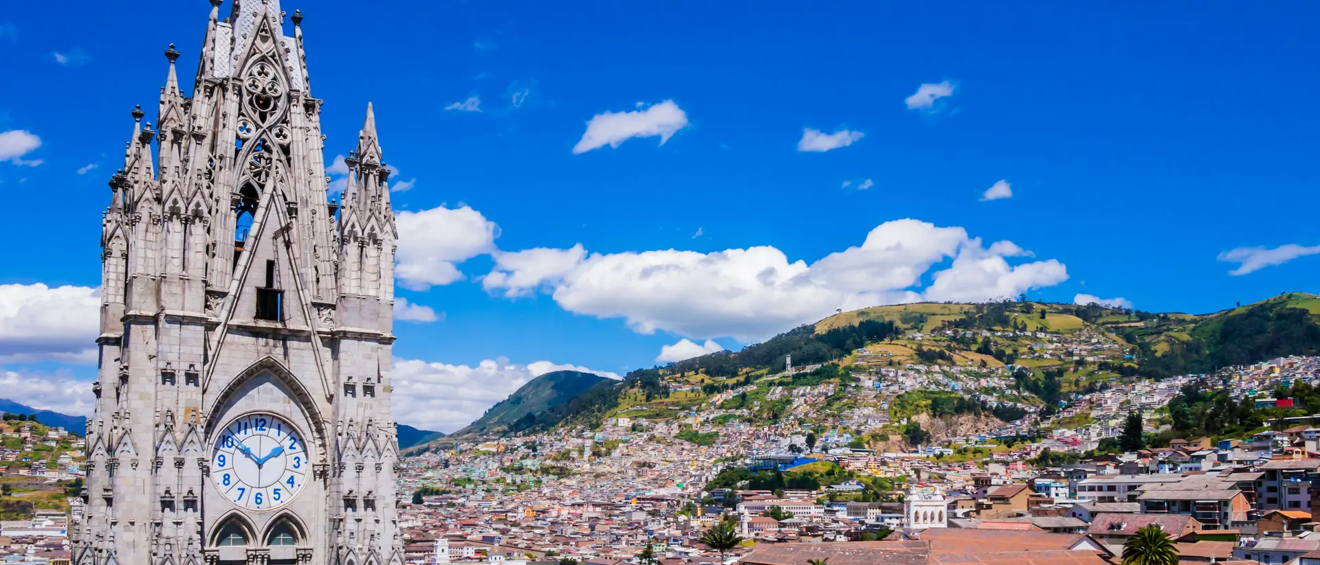 basilica in the old town of Quito against the backdrop of the hillside