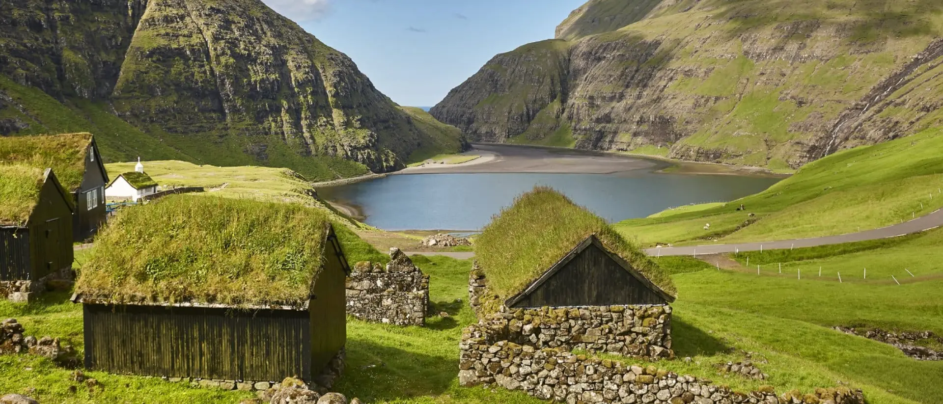 Picturesque green landscape with black houses in Faroe islands