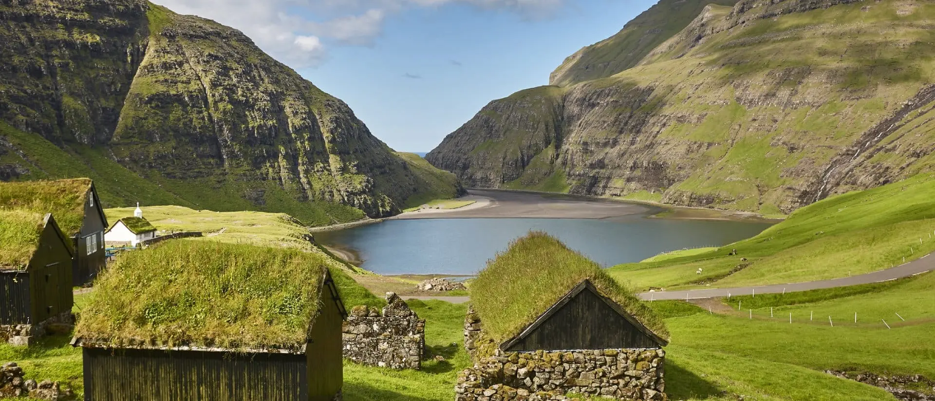 Picturesque green landscape with black houses in Faroe islands