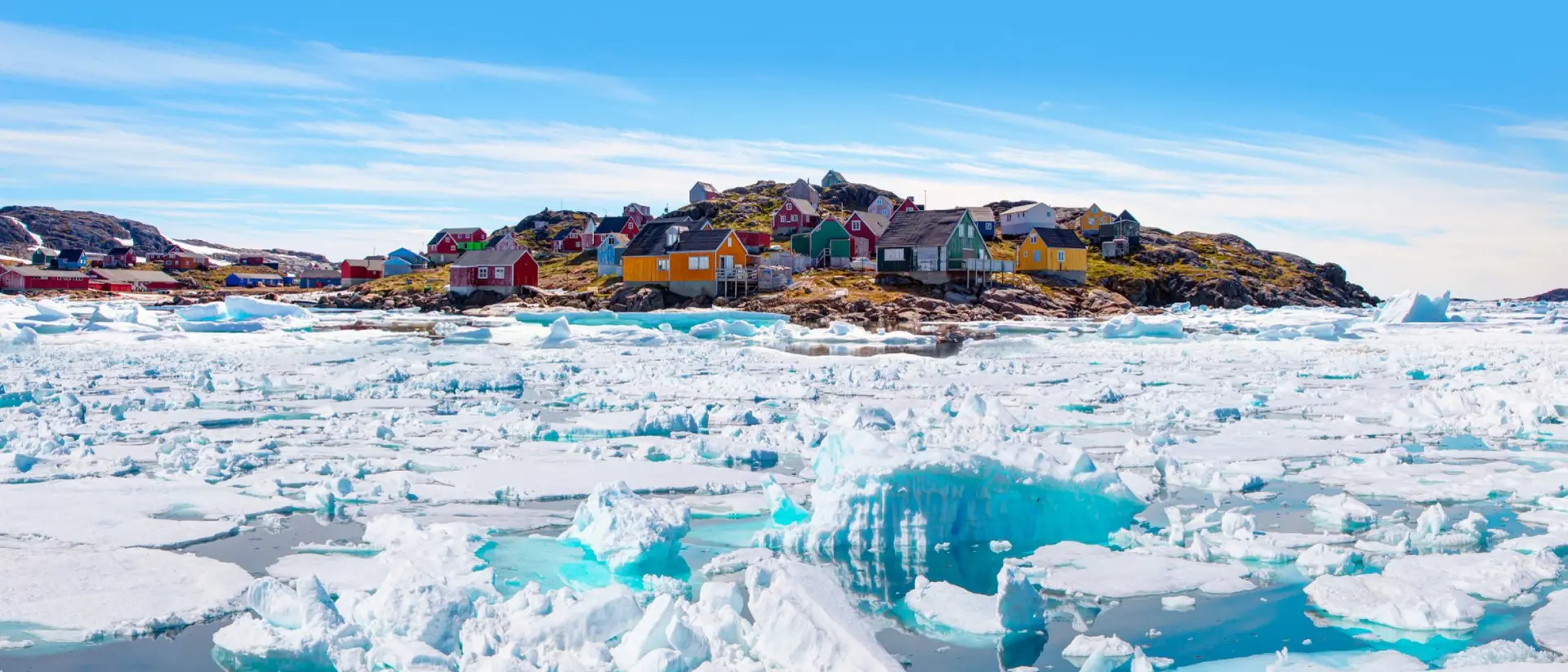 Panoramic view of colorful Kulusuk village in East Greenland
