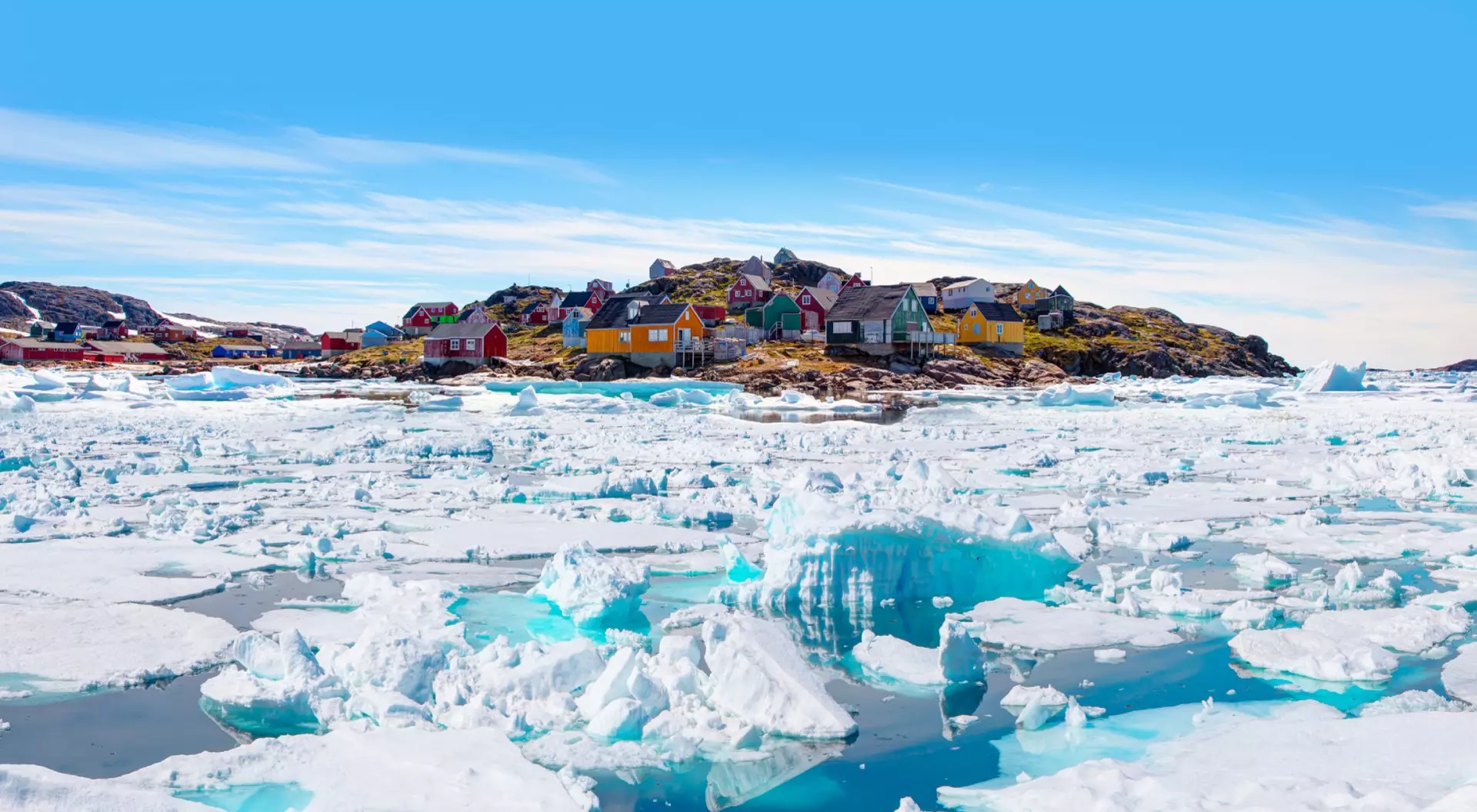 Panoramic view of colorful Kulusuk village in East Greenland