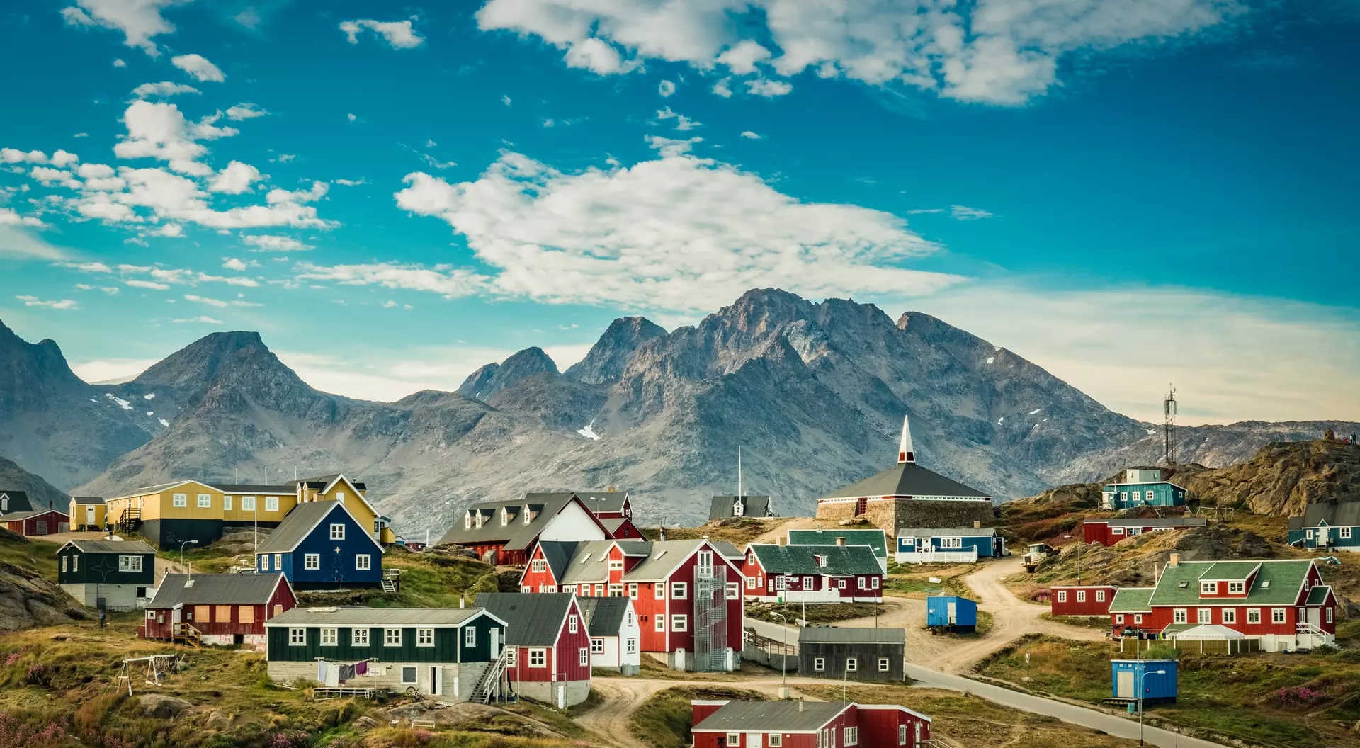 Picturesque village in Greenland with colorful houses
