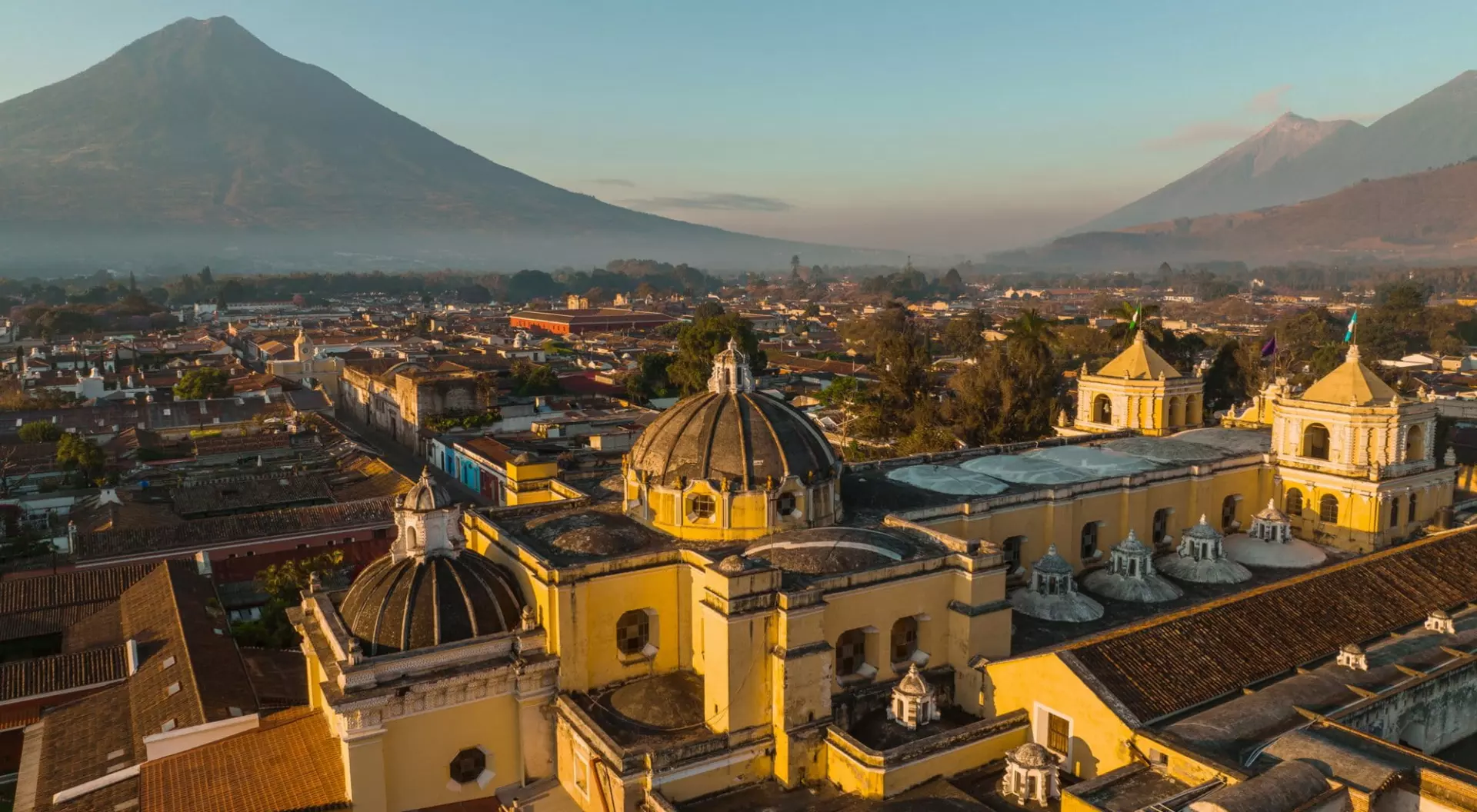 Scenic aerial view of Antigua city at sunrise
