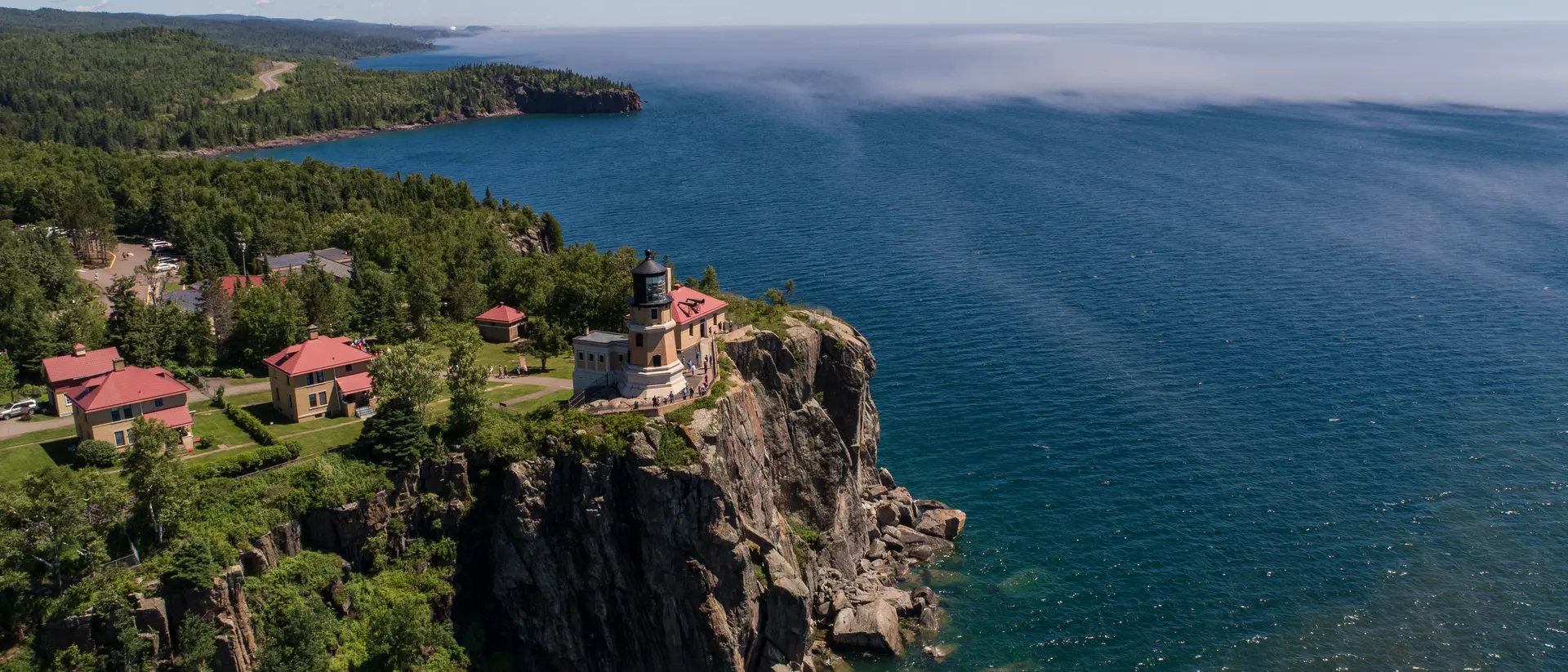 Lake Superior Aerial Shot of Split Rock Lighthouse in summer, Lake Superior