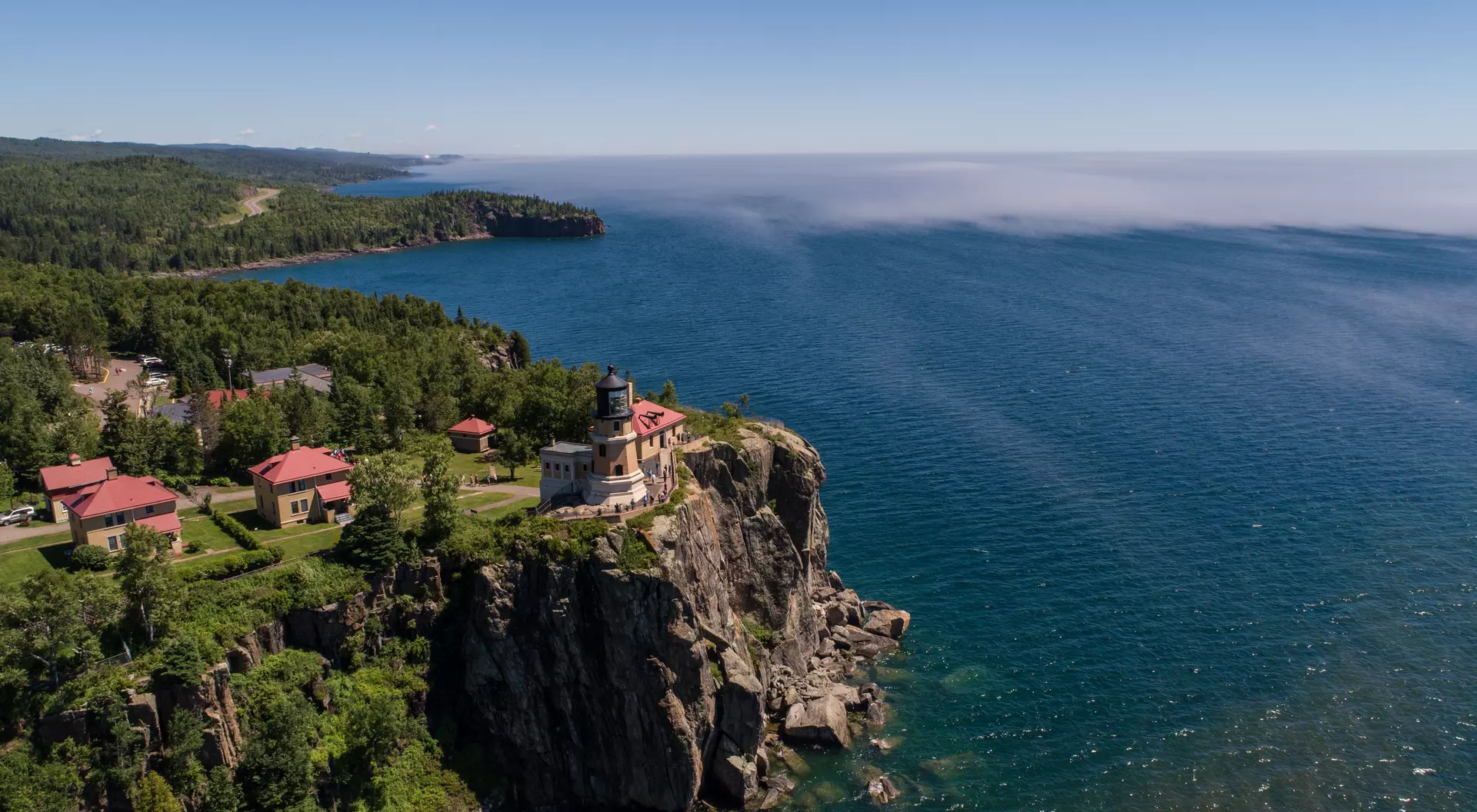 Lake Superior Aerial Shot of Split Rock Lighthouse in summer, Lake Superior