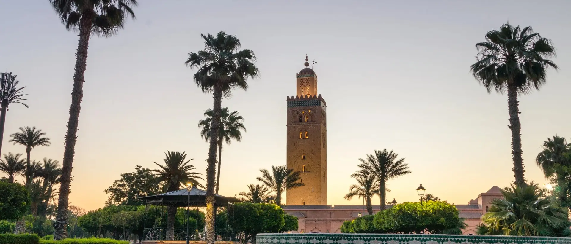 A view of a tall tower surrounded by palm trees and greenery at sunset.