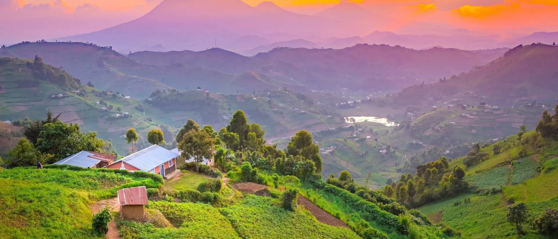 Sunrise over rolling hills with lush greenery and a distant mountain, featuring a small cluster of houses.