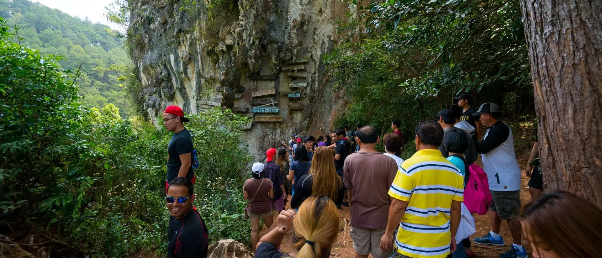 A crowd of people gathered near a rocky cliff surrounded by trees and greenery.