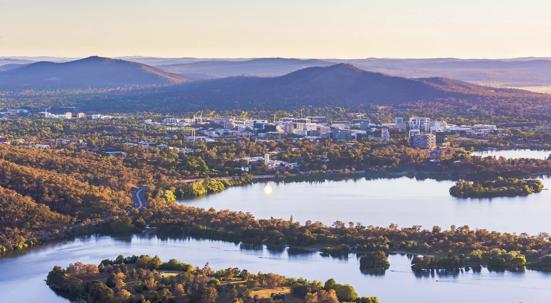 Lake Burley Griffin Aerial view of Canberra Central Business District with sunrise at Lake Burley Griffin