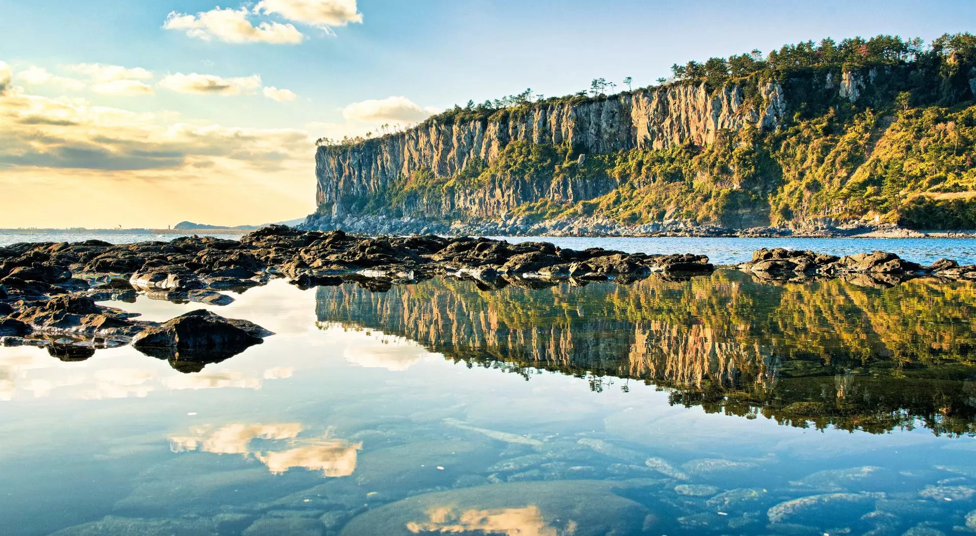 A reflection of coastal cliffs