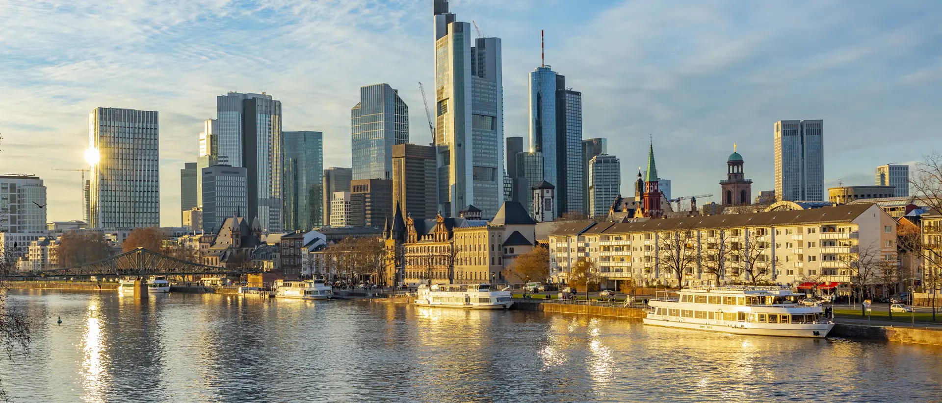 River Main Frankfurt skyline in sunset with river Main