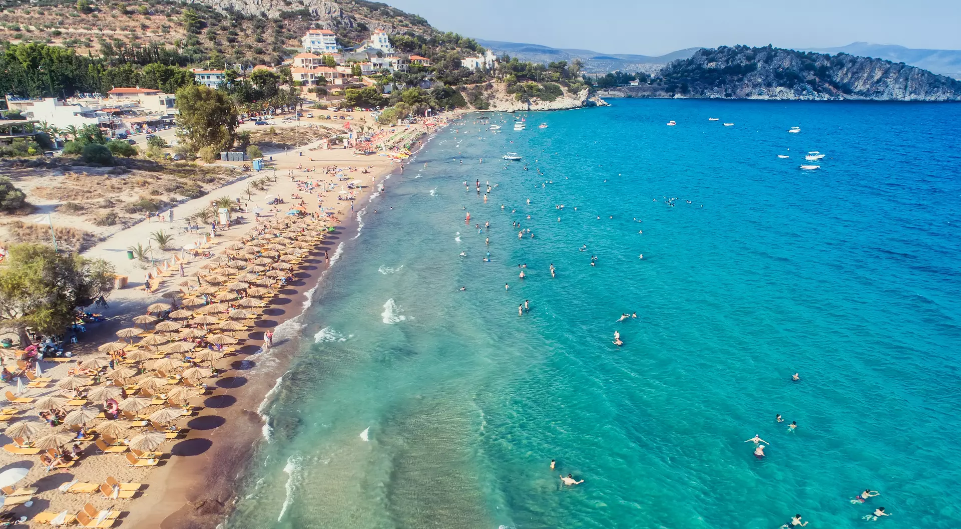 Aerial view of beach and blue mediterranean waters