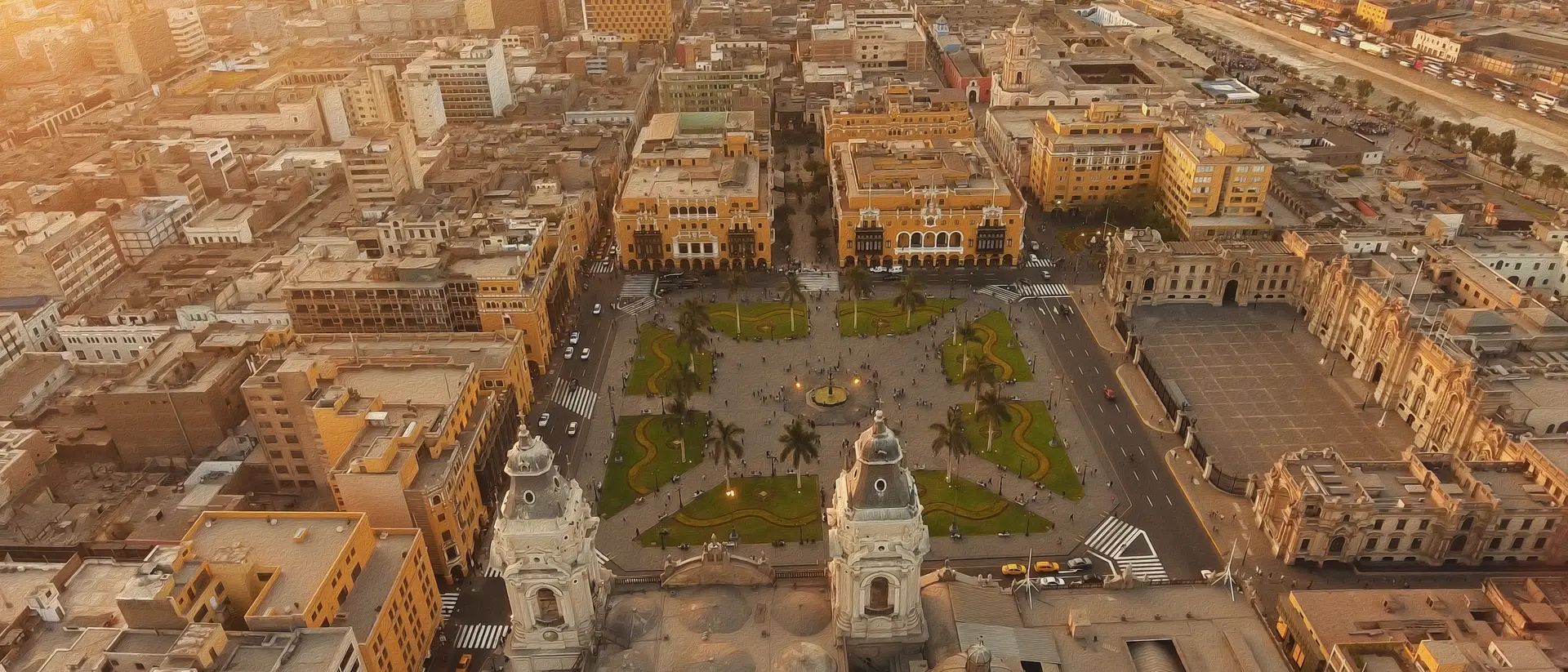 Panoramic aerial view of Lima, Peru Plaza de Armas