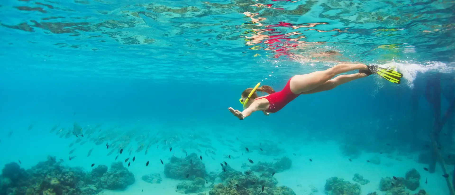 A person in a red swimsuit snorkels underwater above coral and fish in clear blue waters.