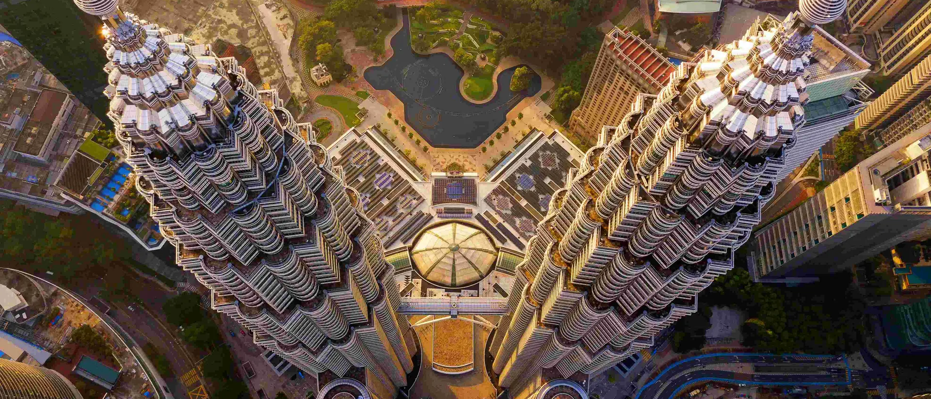 Petronas Twin Towers Aerial view looking down at the top of Petronas Twin Towers in Kuala Lumpur, Malaysia