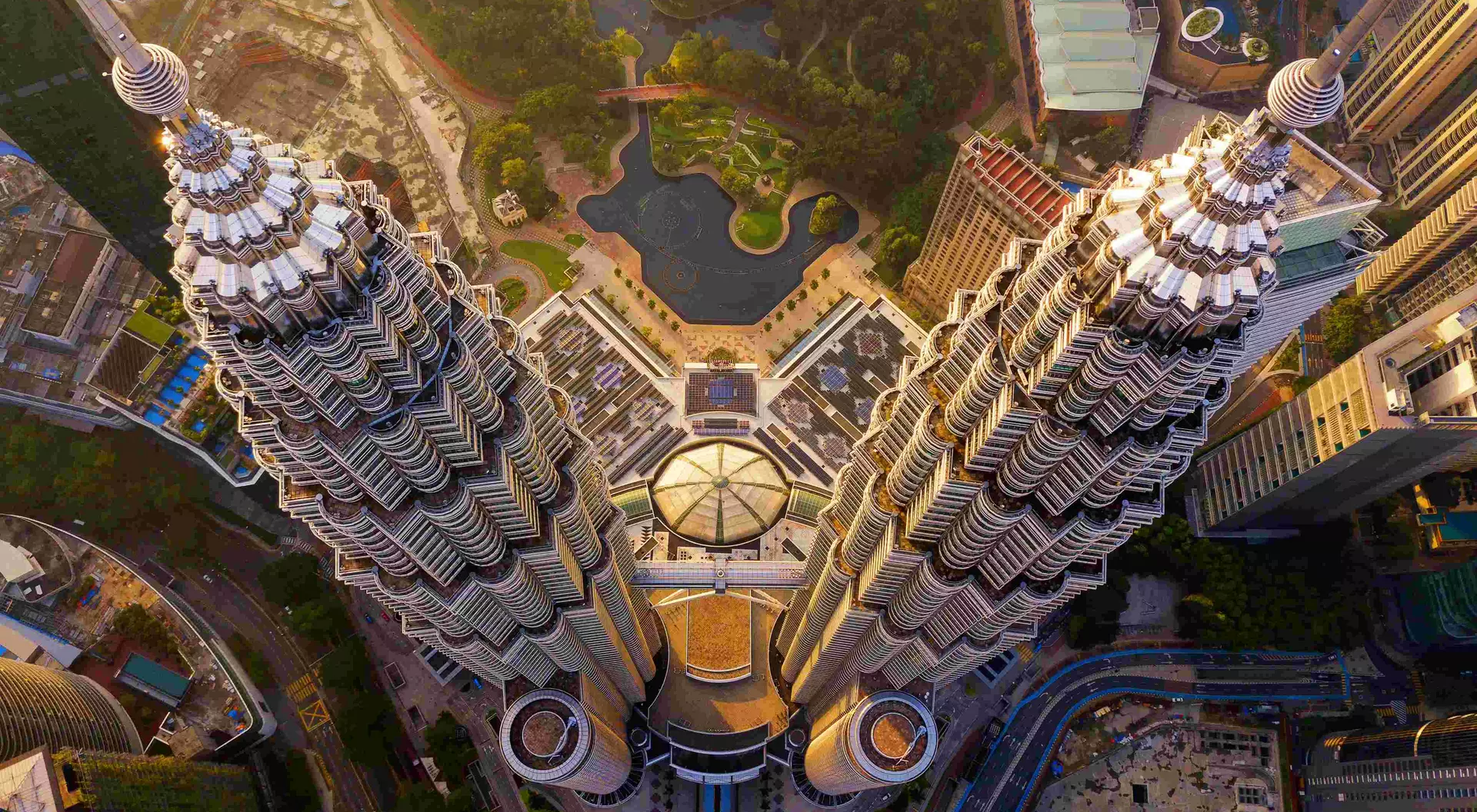 Petronas Twin Towers Aerial view looking down at the top of Petronas Twin Towers in Kuala Lumpur, Malaysia
