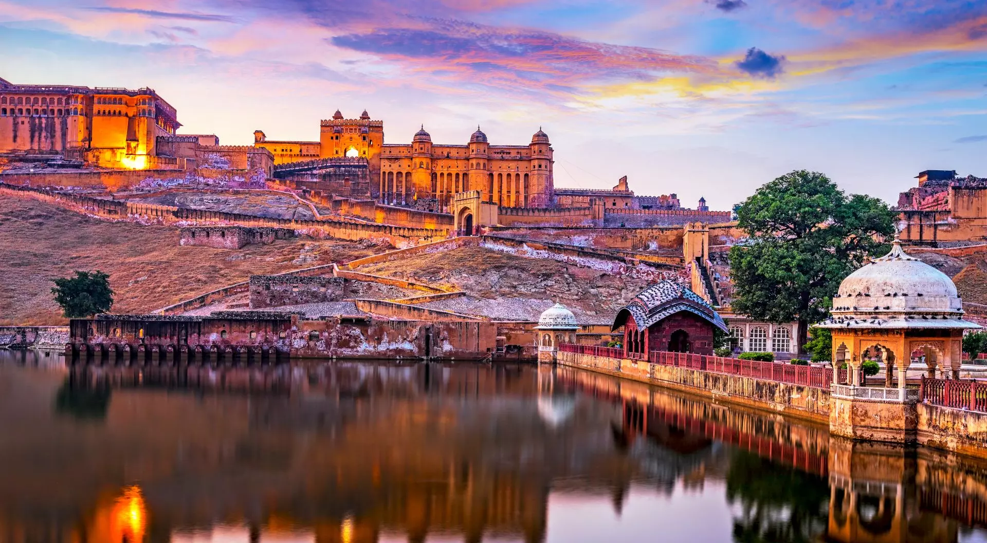 Amber Fort and Maota Lake at sunset. Jaipur, Rajasthan, India, Asia