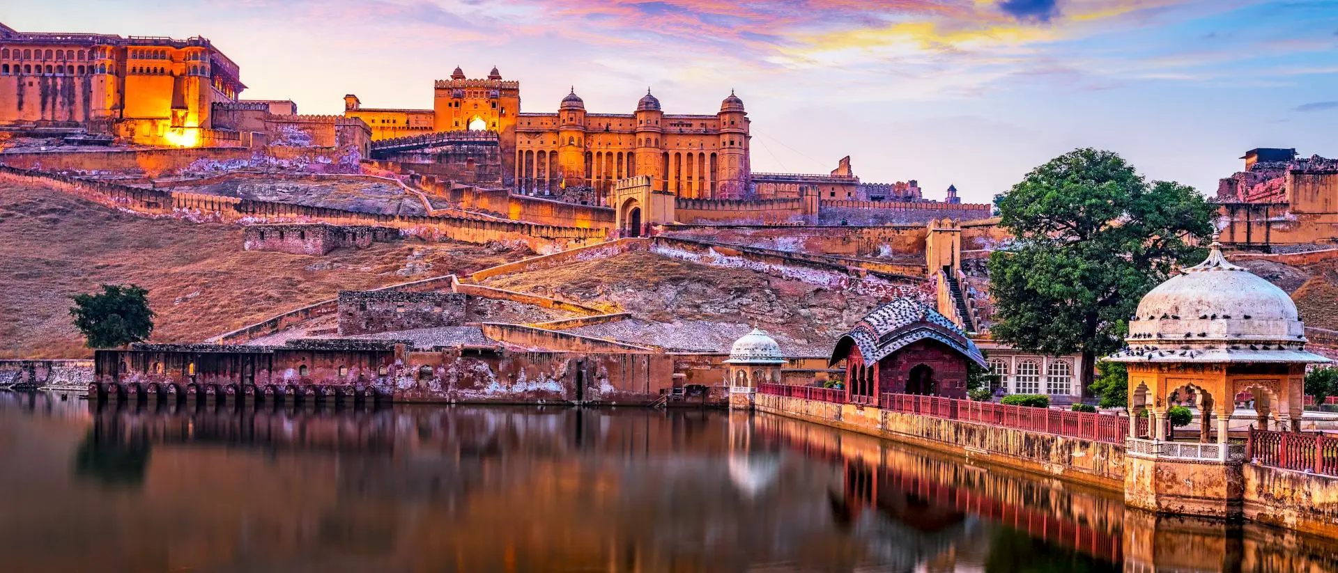 Amber Fort and Maota Lake at sunset. Jaipur, Rajasthan, India, Asia