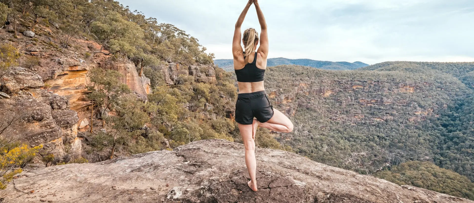 A person practicing yoga on one leg atop a rocky ledge, surrounded by trees and a scenic mountainous landscape.