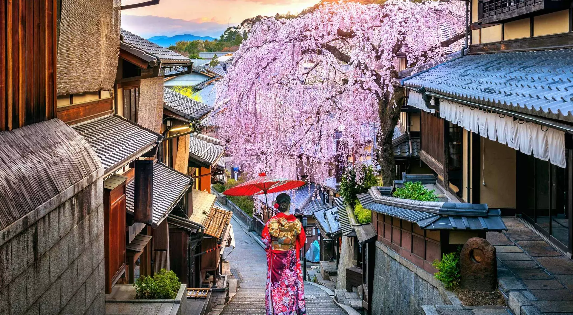 A person in a colorful kimono walks down a historic street with cherry blossoms and a sunset in the background.