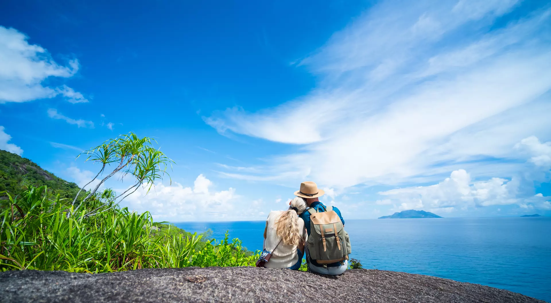 A couple sits on a rock, gazing at the ocean and blue sky, surrounded by greenery.