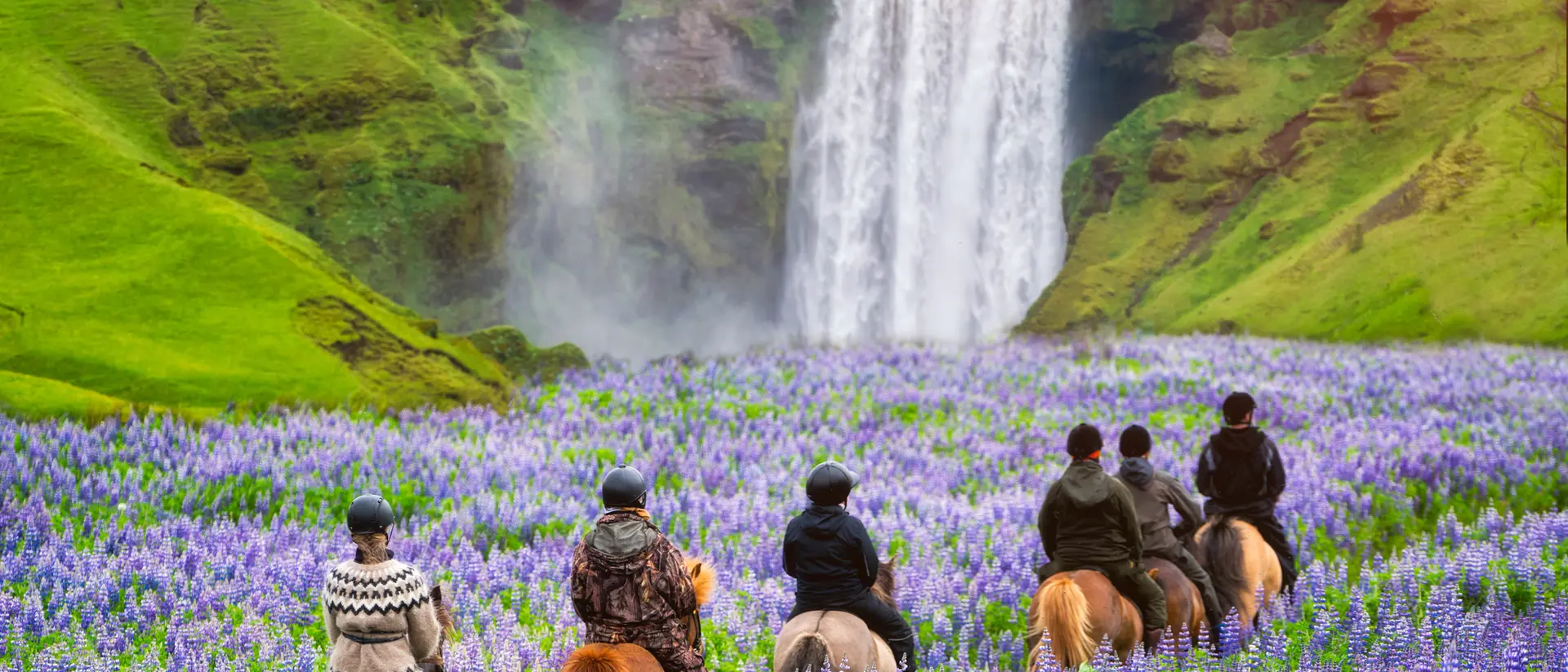 Riders on horseback traverse a field of purple flowers near a waterfall surrounded by lush green hills.
