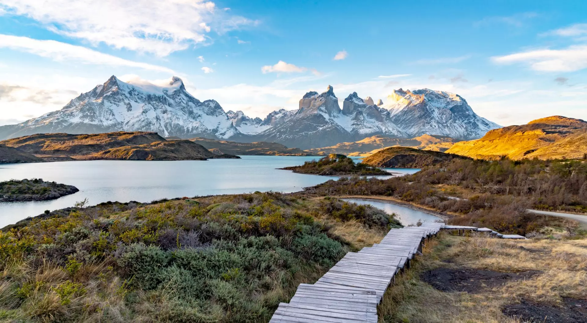 Torres del Paine National Park Water, grasslands and mountains