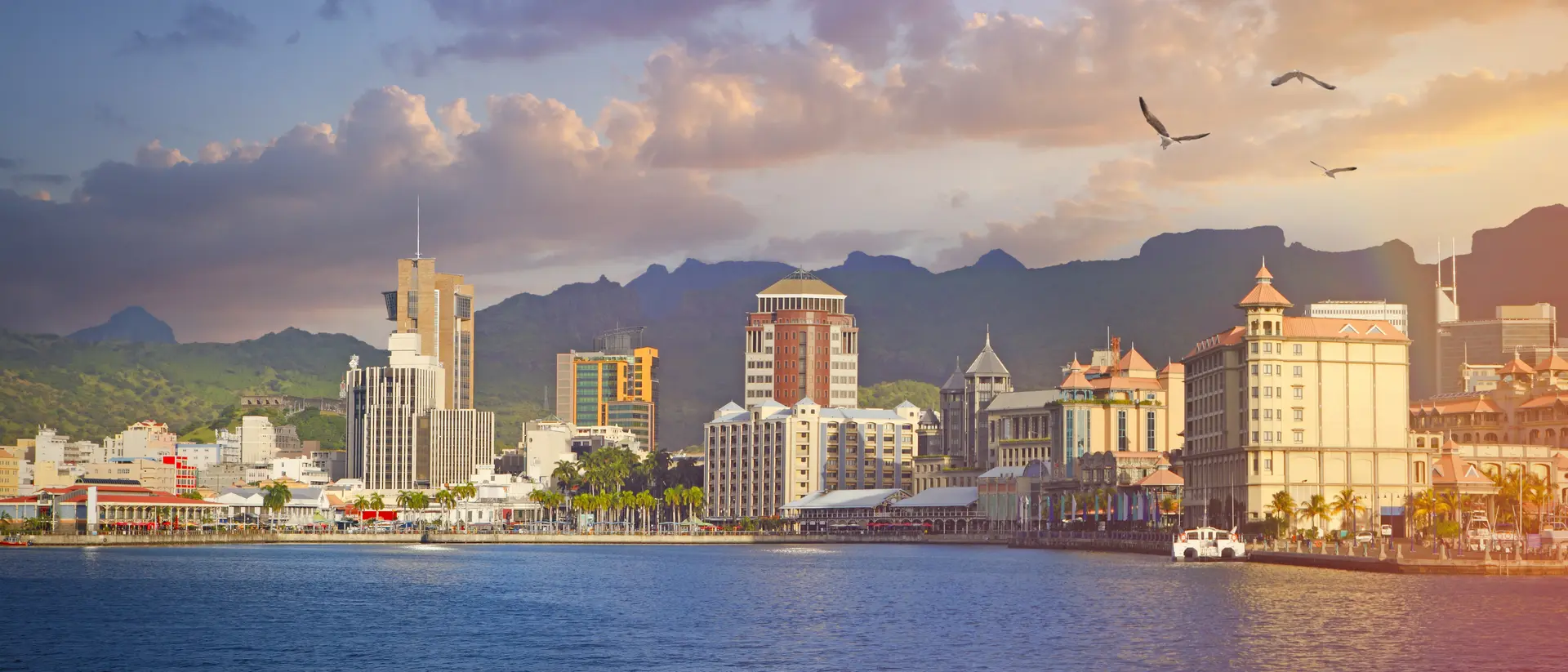 "View from water towards Port Louis town, capital of Mauritius  "