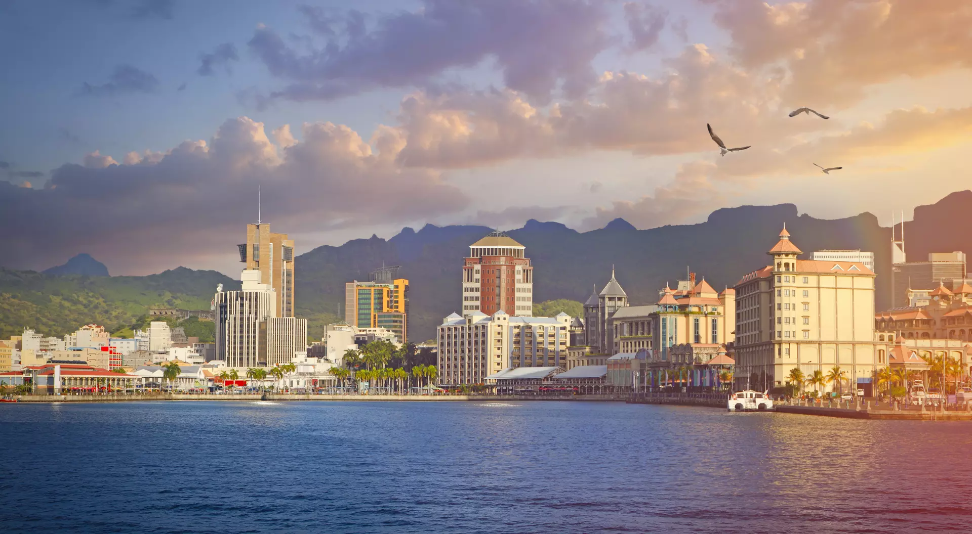 "View from water towards Port Louis town, capital of Mauritius  "