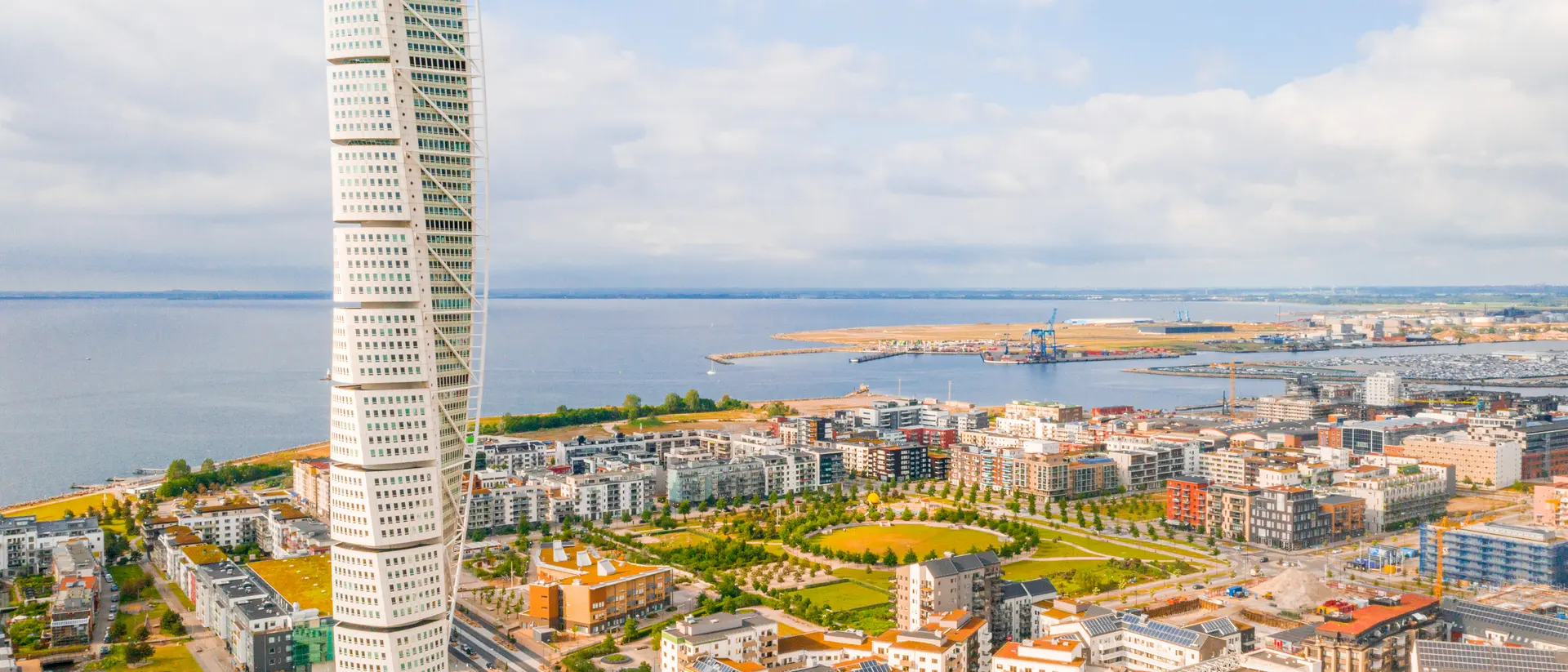 Beautiful aerial view of the Vastra Hamnen (The Western Harbour) district during sunset