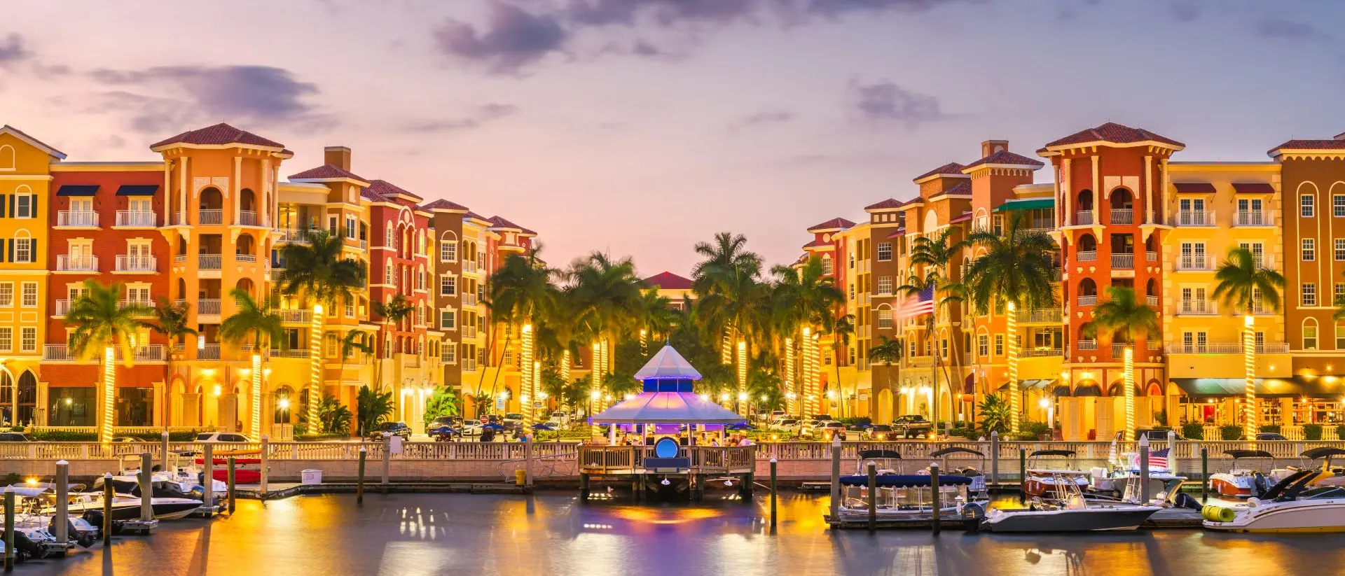 Marina with boats at dusk