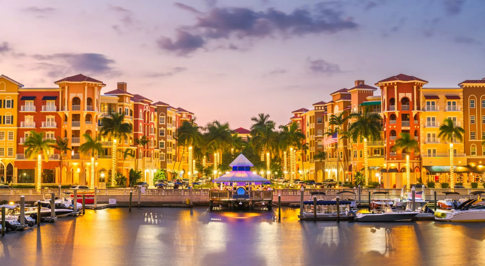 Naples, United States Marina with boats at dusk