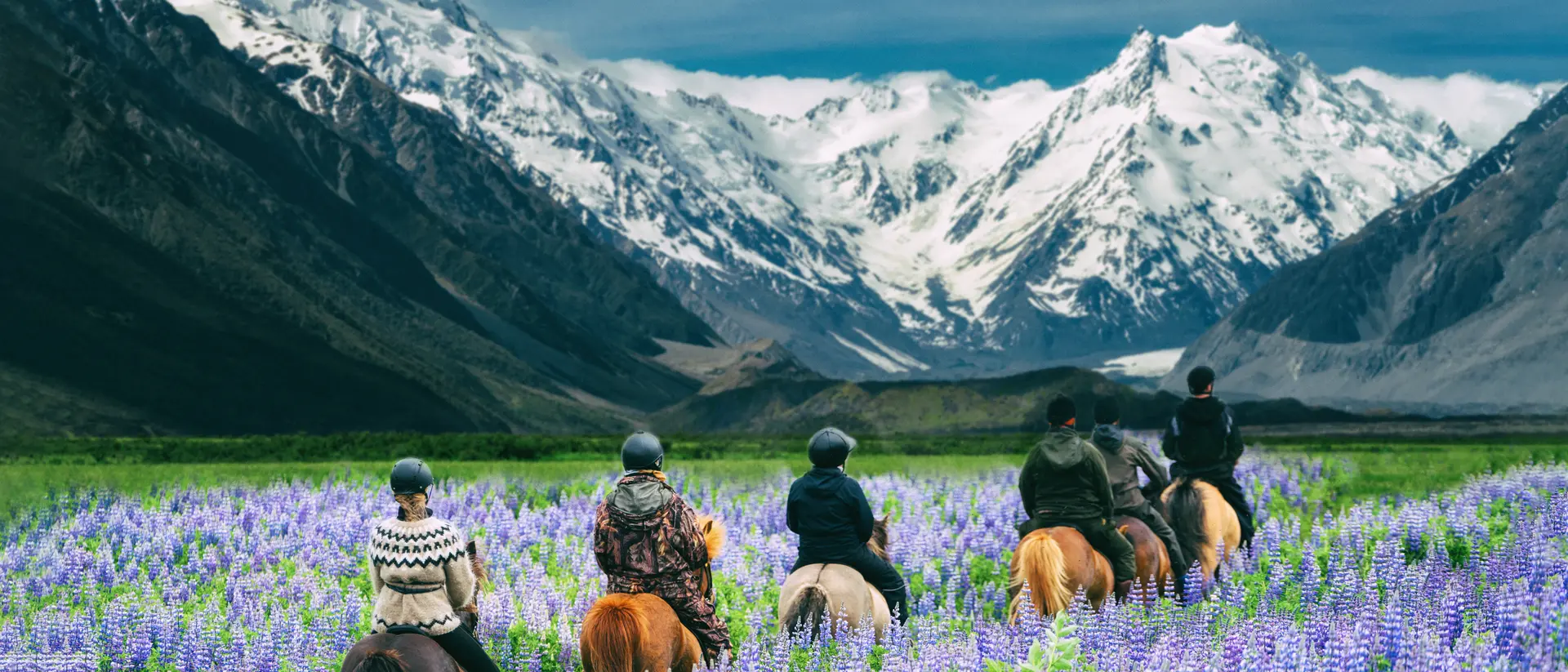 Six riders on horseback navigate through a field of purple flowers, with snow-capped mountains in the background.