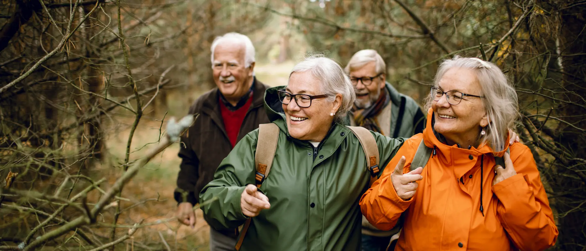 Four seniors walking through a forest, smiling and enjoying their time together, wearing colorful outdoor clothing.