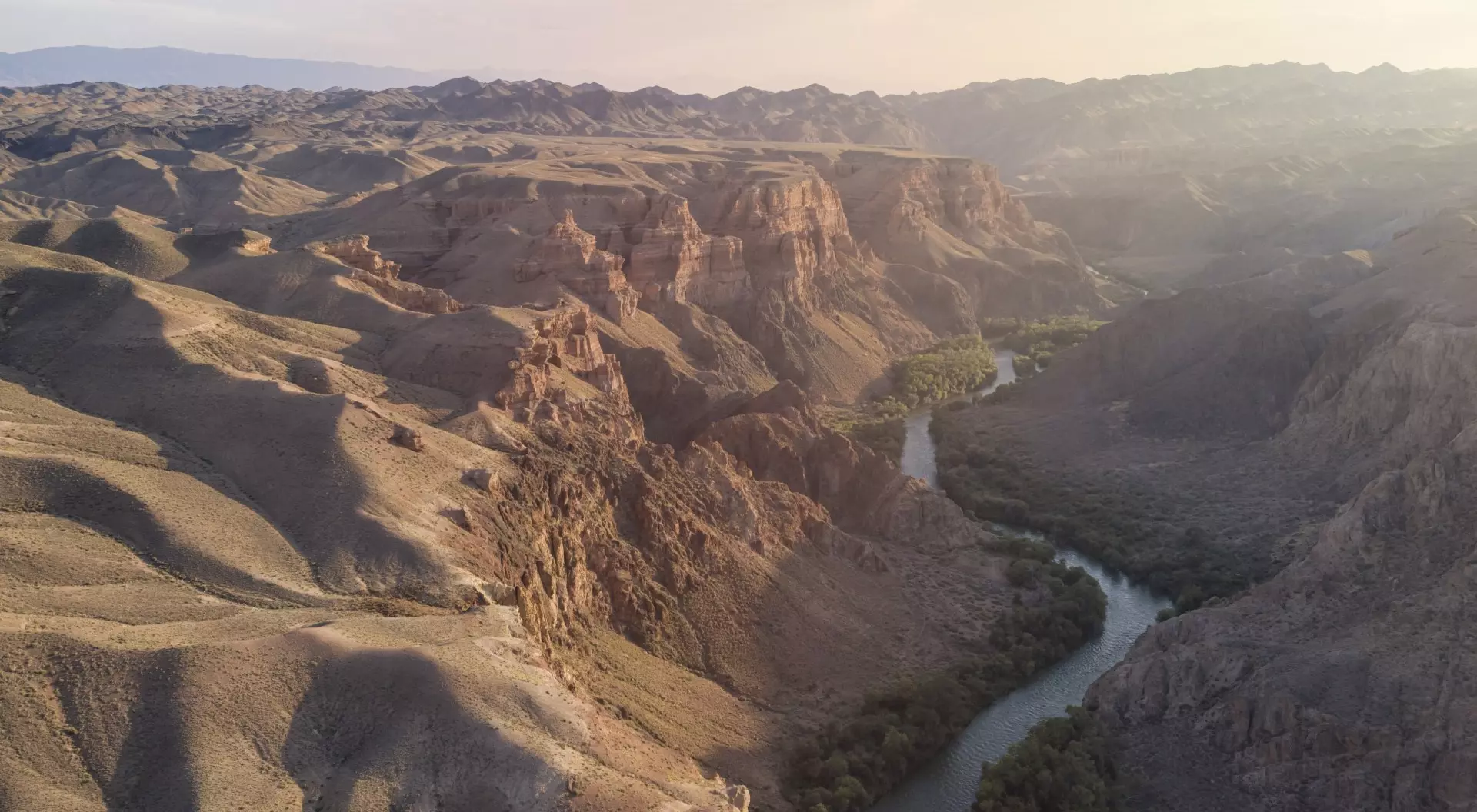 Aerial view of the Charyn Canyon and Charyn River in Kazakhstan, Central Asia, at sunset