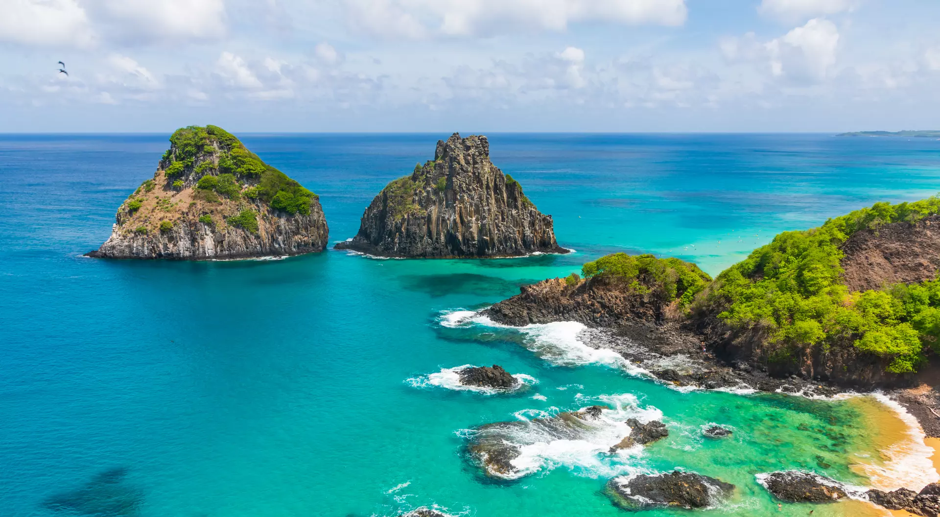 Fernando de Noronha Aerial view of tropical island coastline with beautiful waters