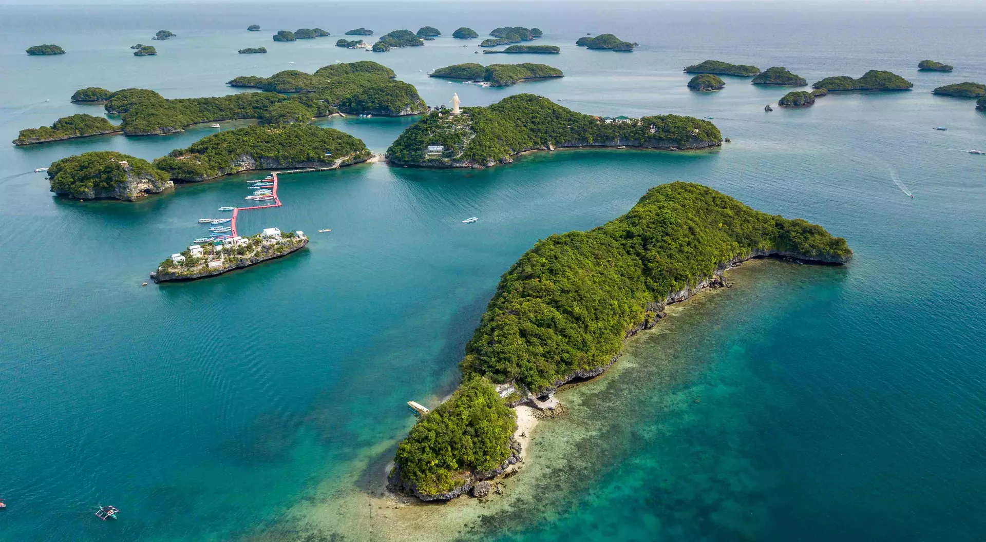 Scenic aerial  of the Hundred Islands National Park in Pangasinan, Philippines