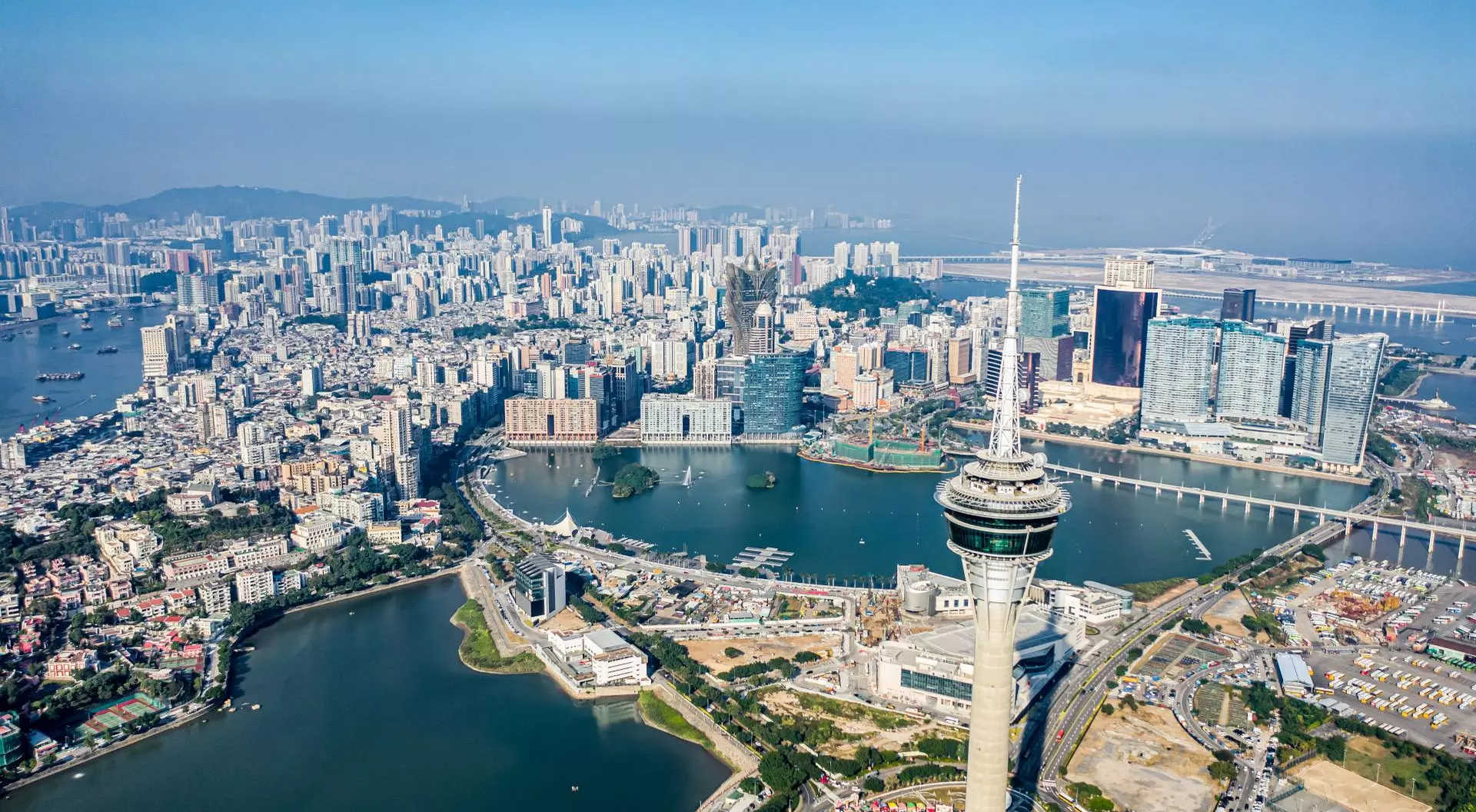 Macau Tower Aerial view of Macau with its giant casinos and malls on the Cotai Strip, earning it the nickname, "Las Vegas of Asia."