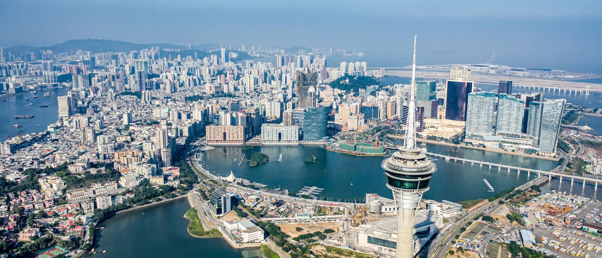 Macau Tower Aerial view of Macau with its giant casinos and malls on the Cotai Strip, earning it the nickname, "Las Vegas of Asia."