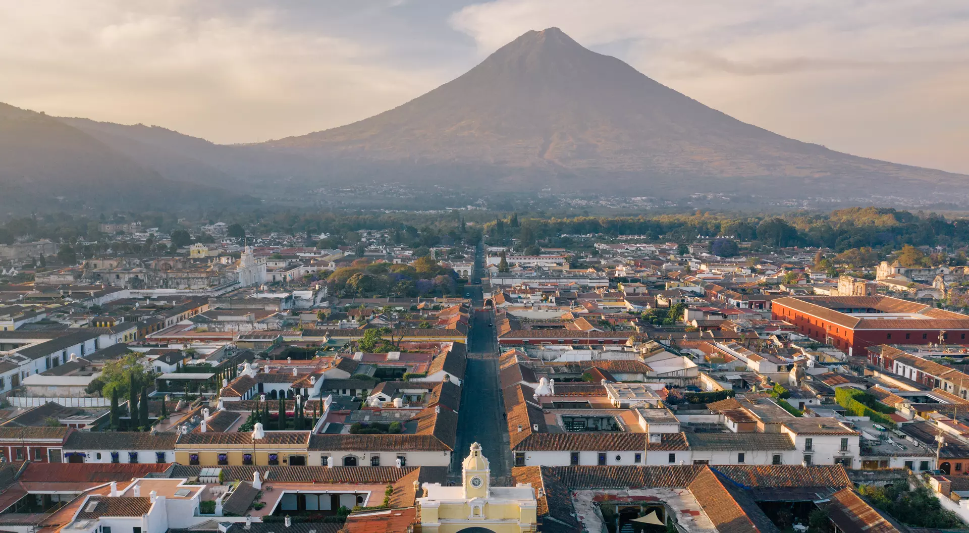Old Town, Antigua Areal photo of the historic old town of Antigua in Guatemala, surrounded by their active volcanos.